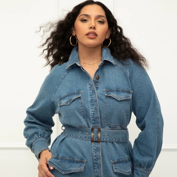 Eloquii Belted Stonewashed Denim Dress, Blue, US Women's 14 - Picture 3 of 8